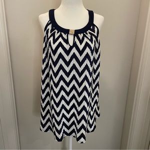 PerSeption Concept Navy White Striped Crinkle Halter Blouse Strappy Back Wm Sz L